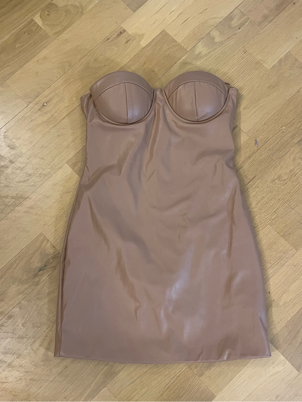 Boohoo Strapless Faux Leather Mini Dress in Taupe Brown